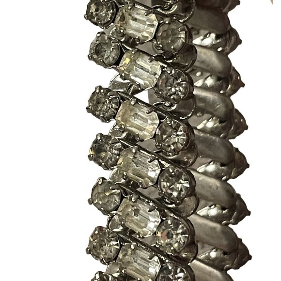 Icy Clear Rhinestone 3 Row Stretch Bangle Bracelet Silver Tone VTG Wedding Prom - Picture 8 of 12
